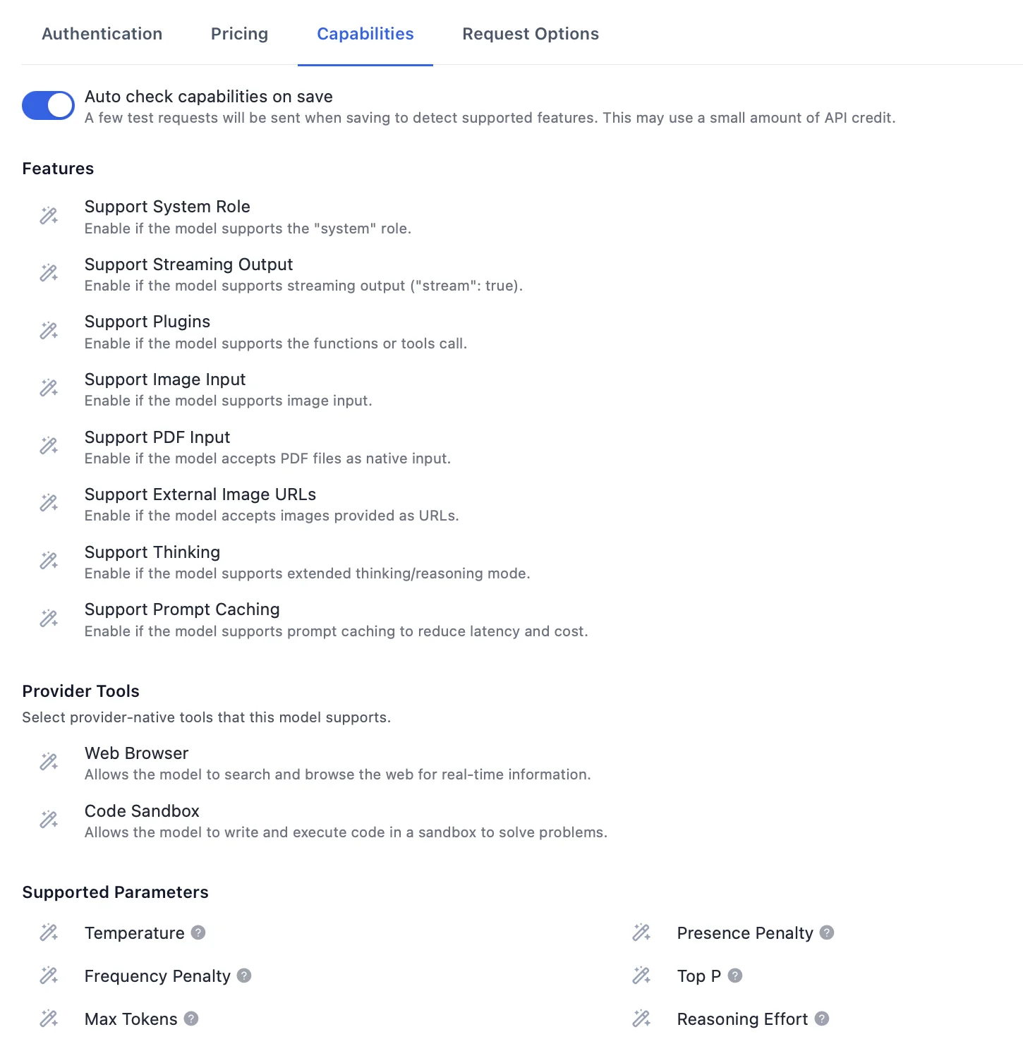 Custom model capabilities settings in TypingMind