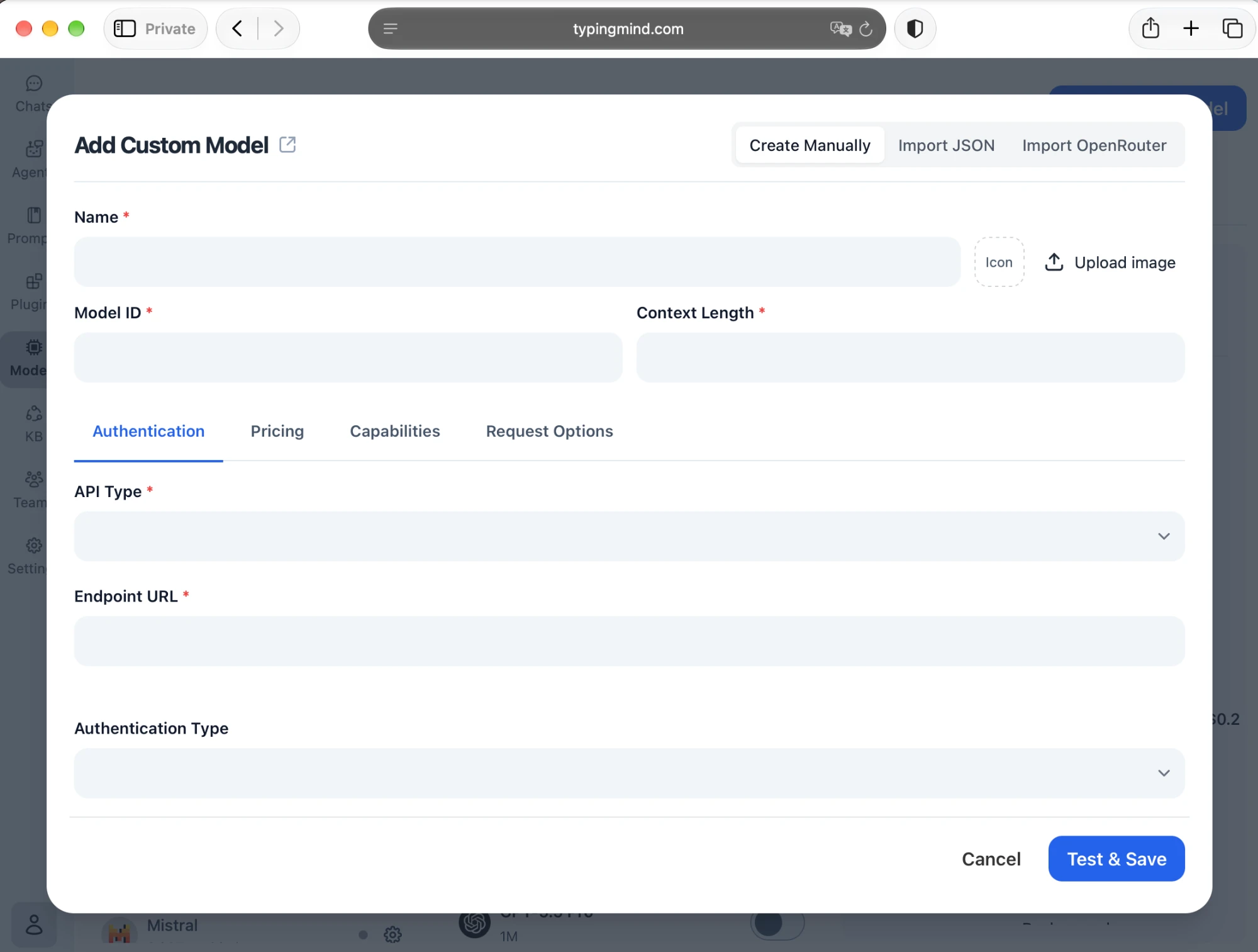 Add Custom Model dialog in TypingMind filled in for gpt-5.3-codex-spark