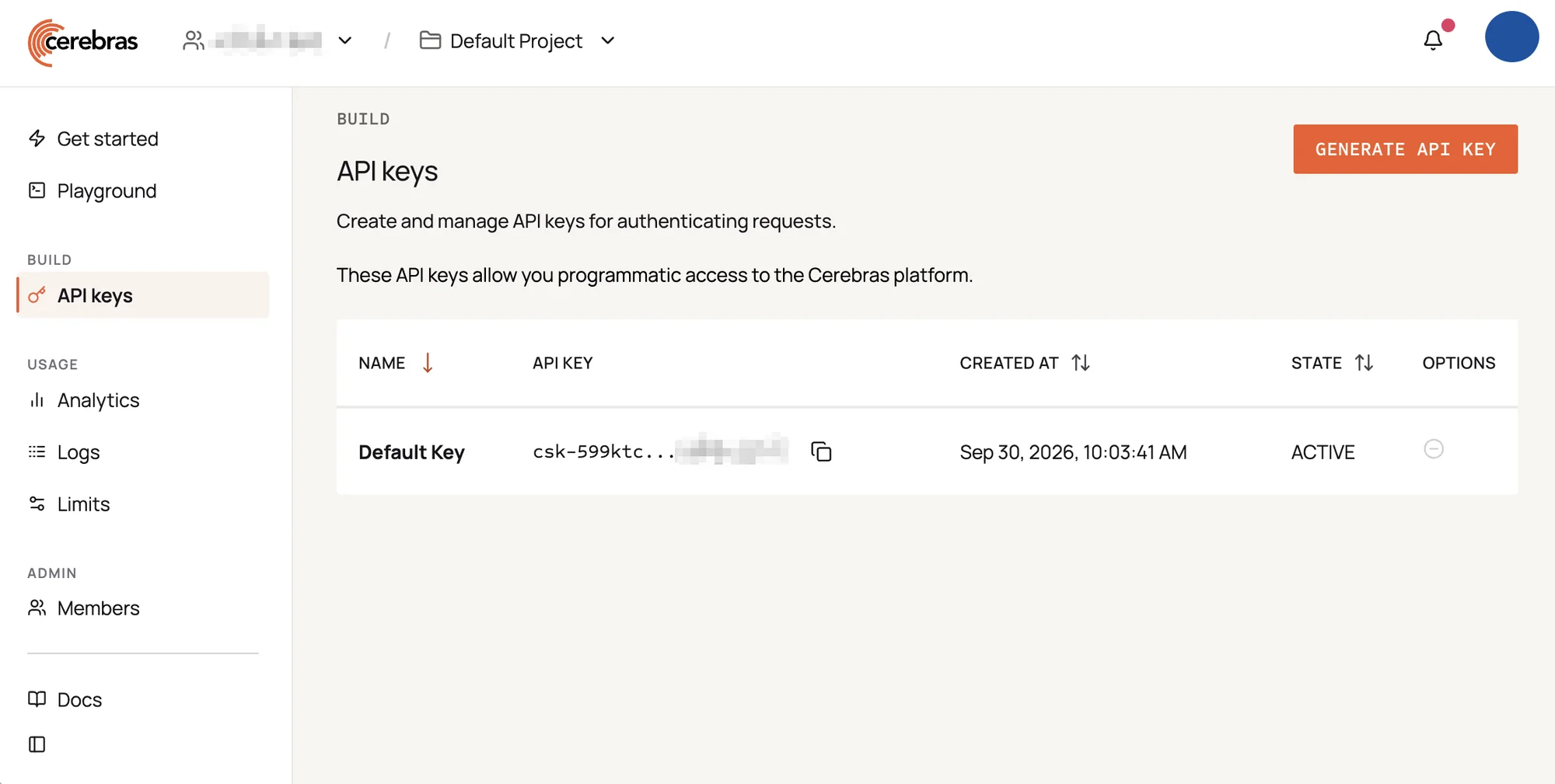 Cerebras API keys page