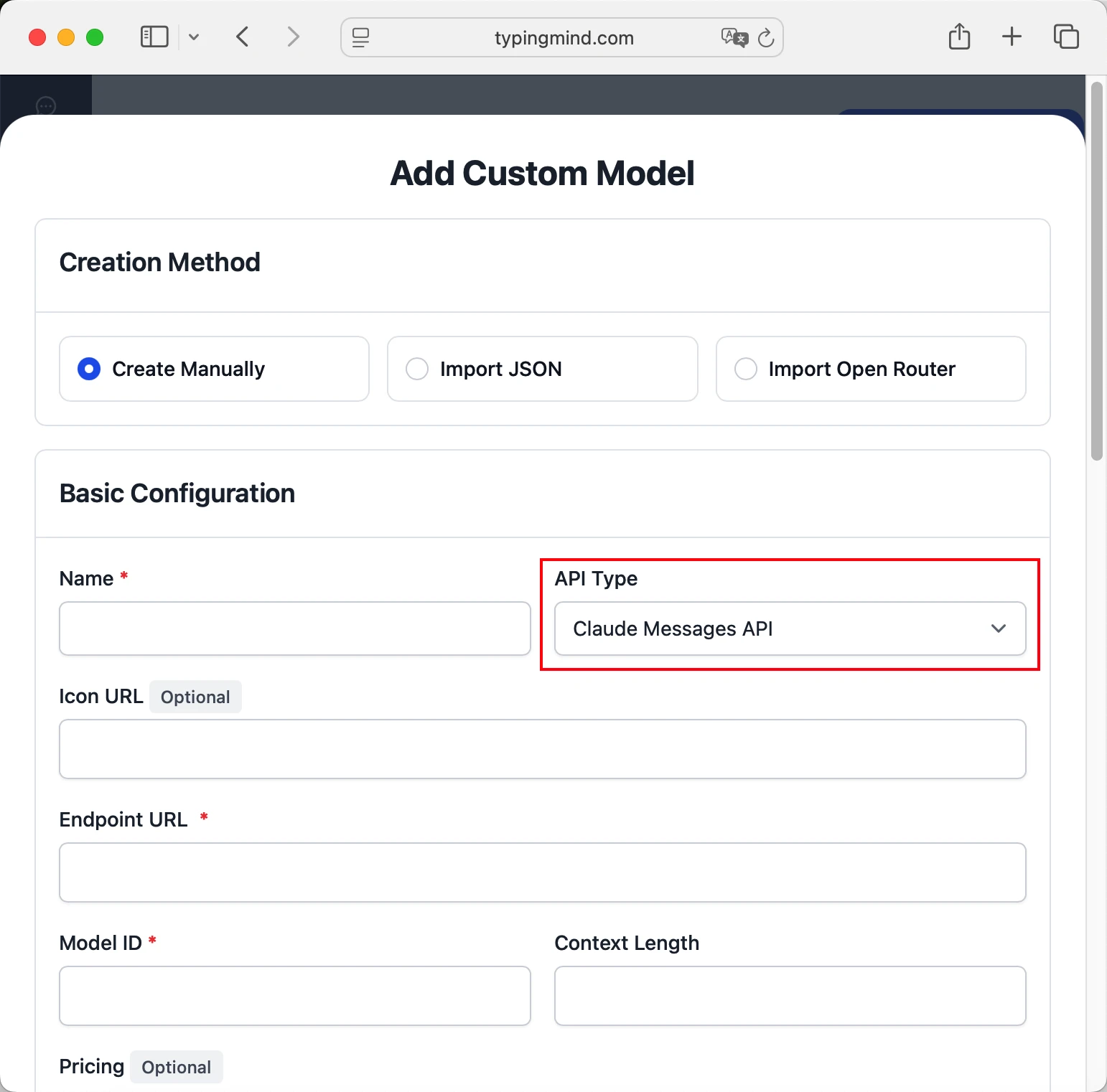 Anthropic Endpoint URL input field