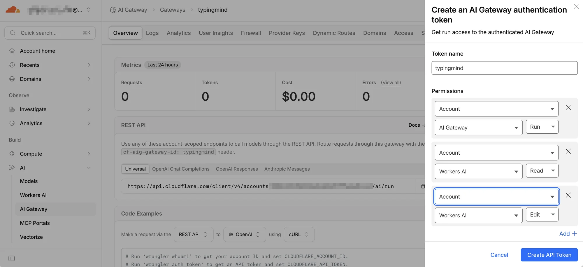 Create an AI Gateway authentication token in Cloudflare