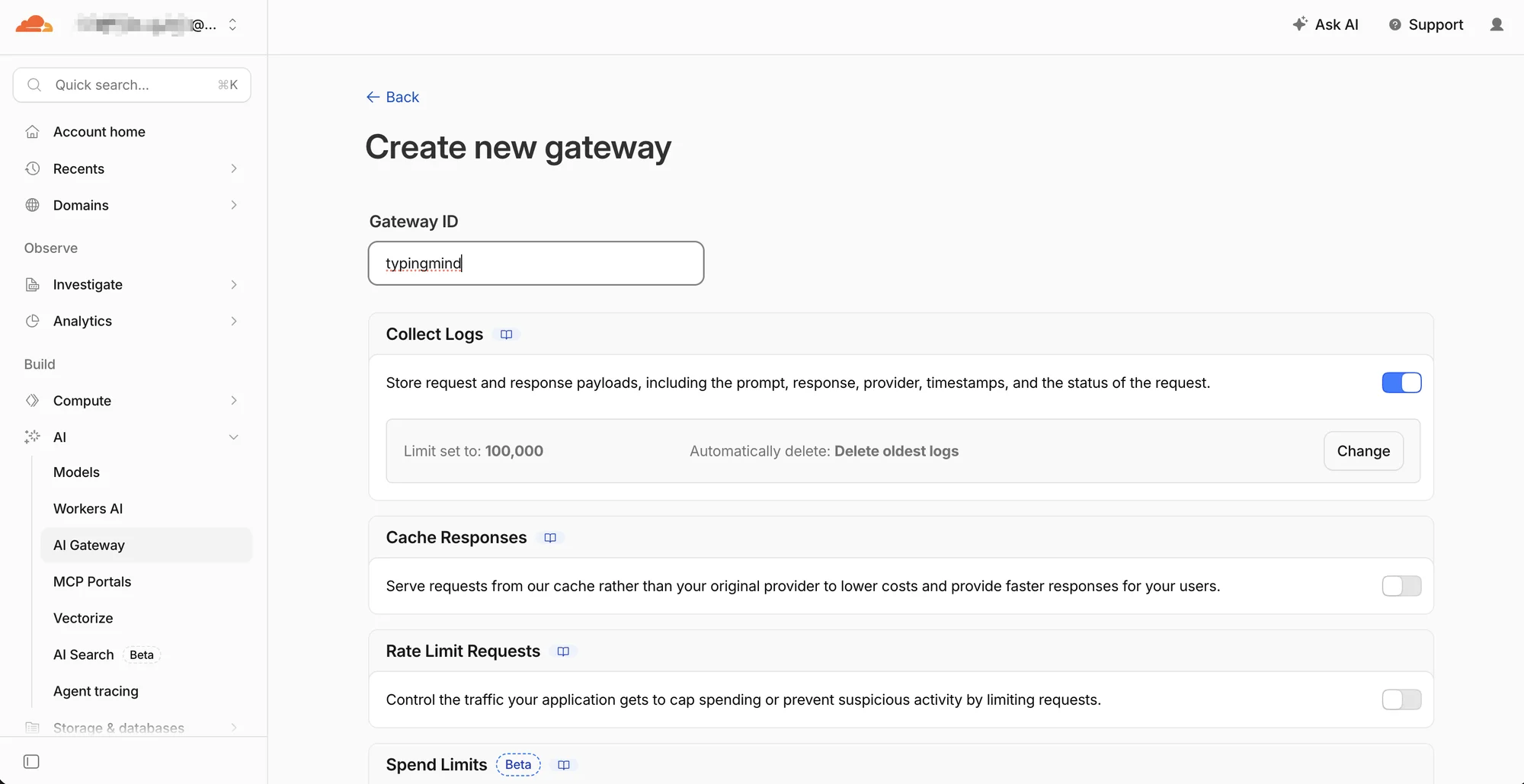 Create a new AI Gateway in the Cloudflare dashboard