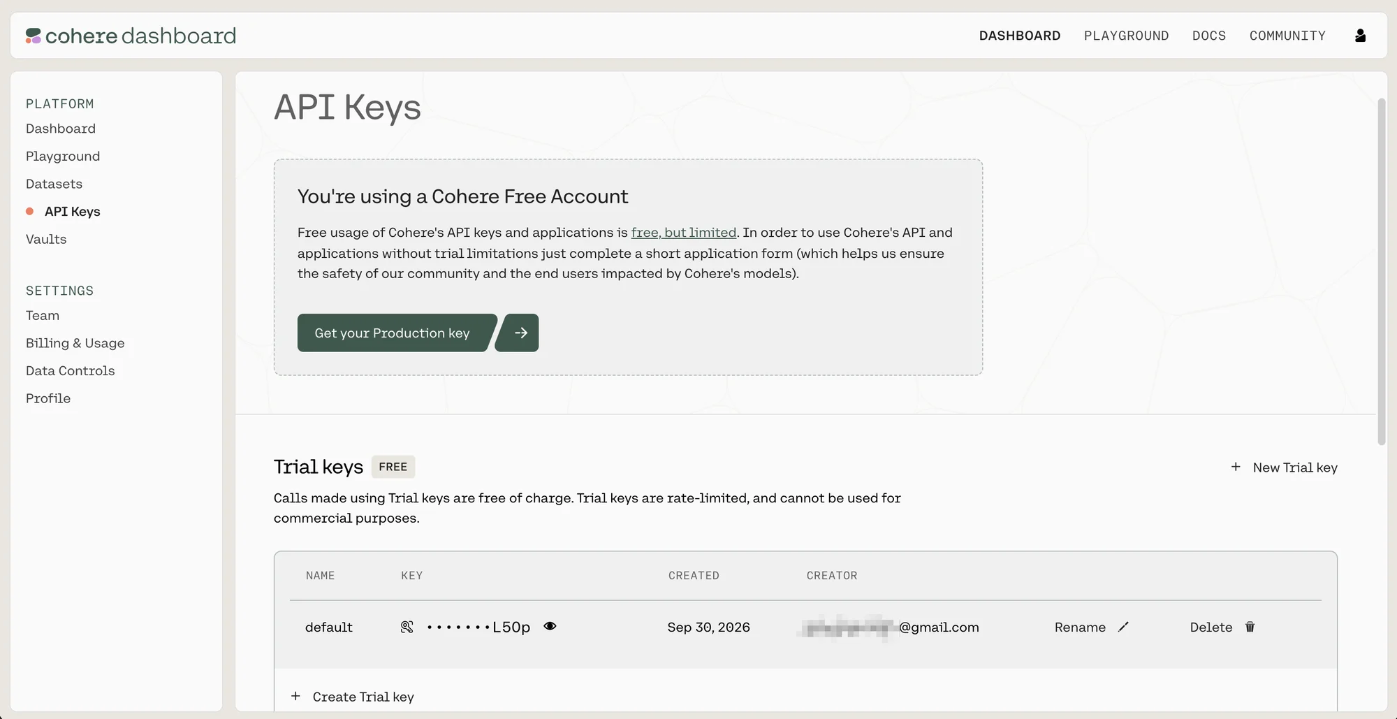 Cohere API keys page