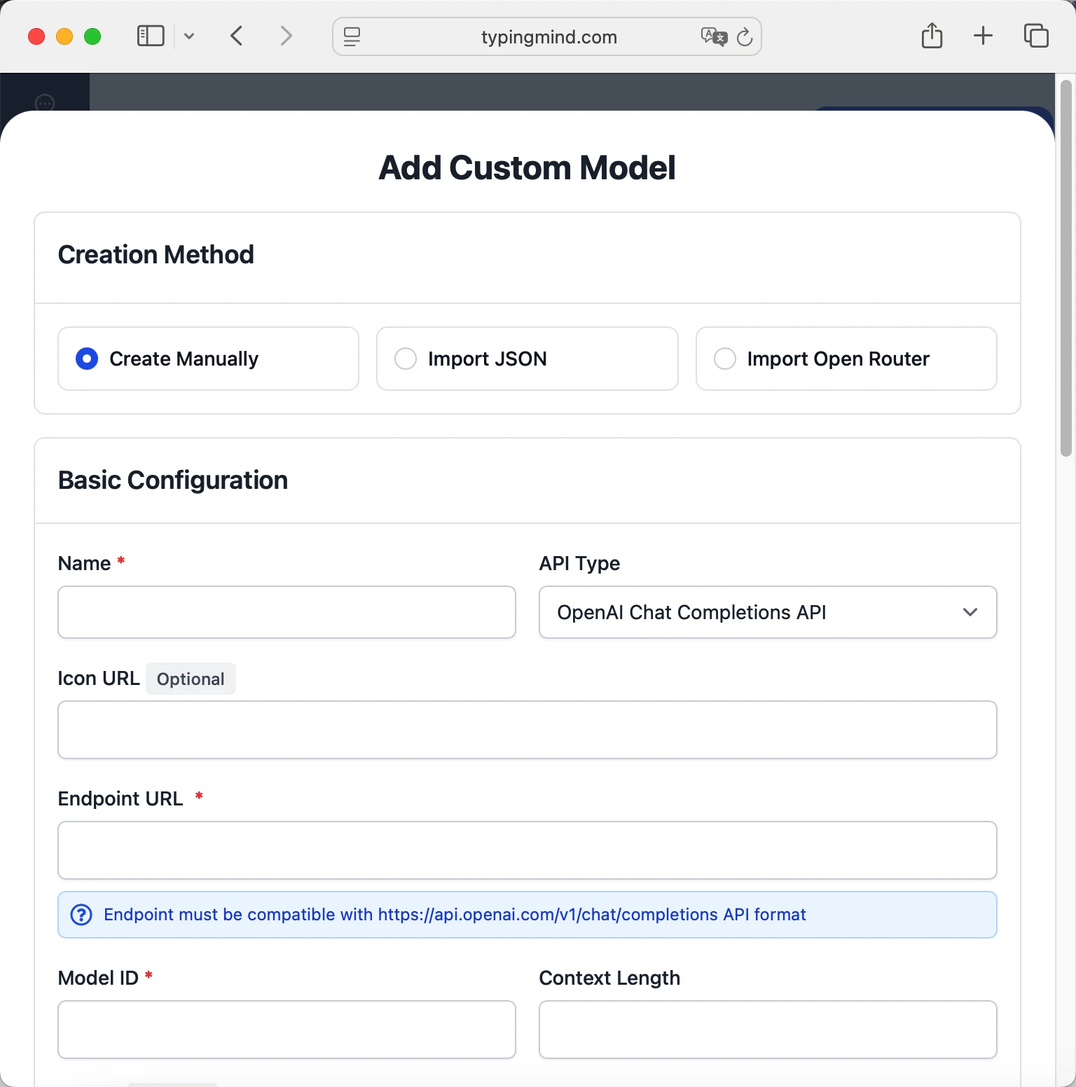 OpenRouter Endpoint URL input field