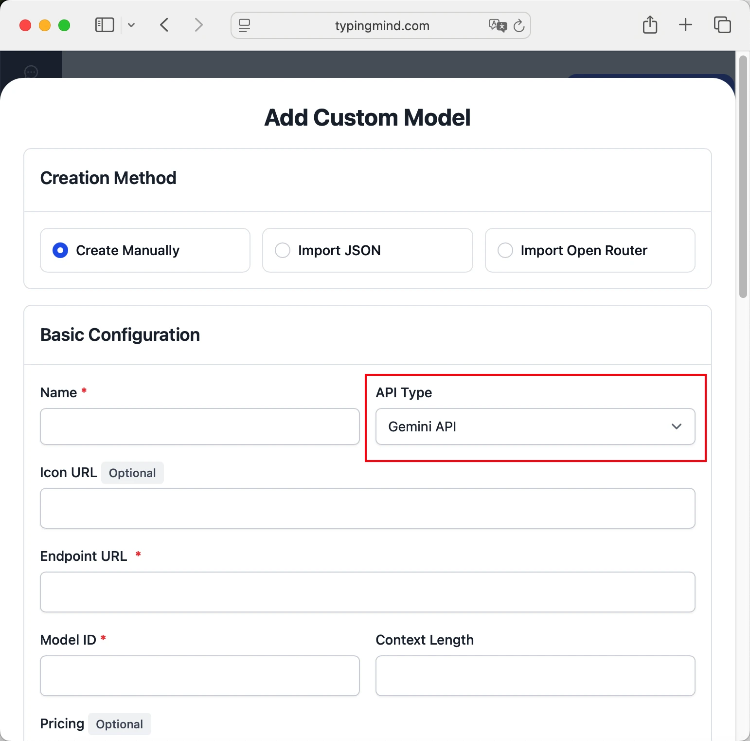 Google Endpoint URL input field
