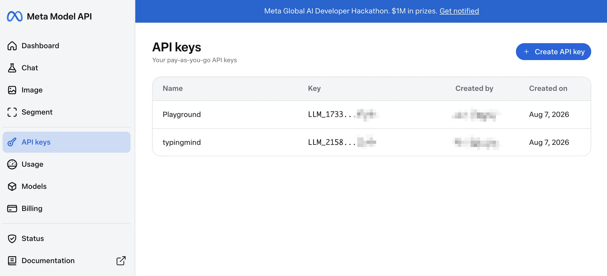 Meta Model API keys page