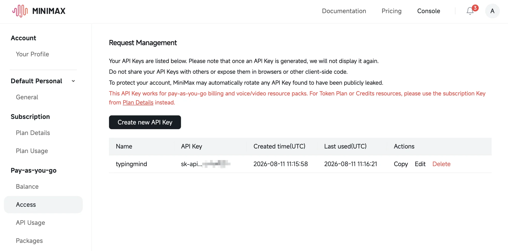 MiniMax API keys page