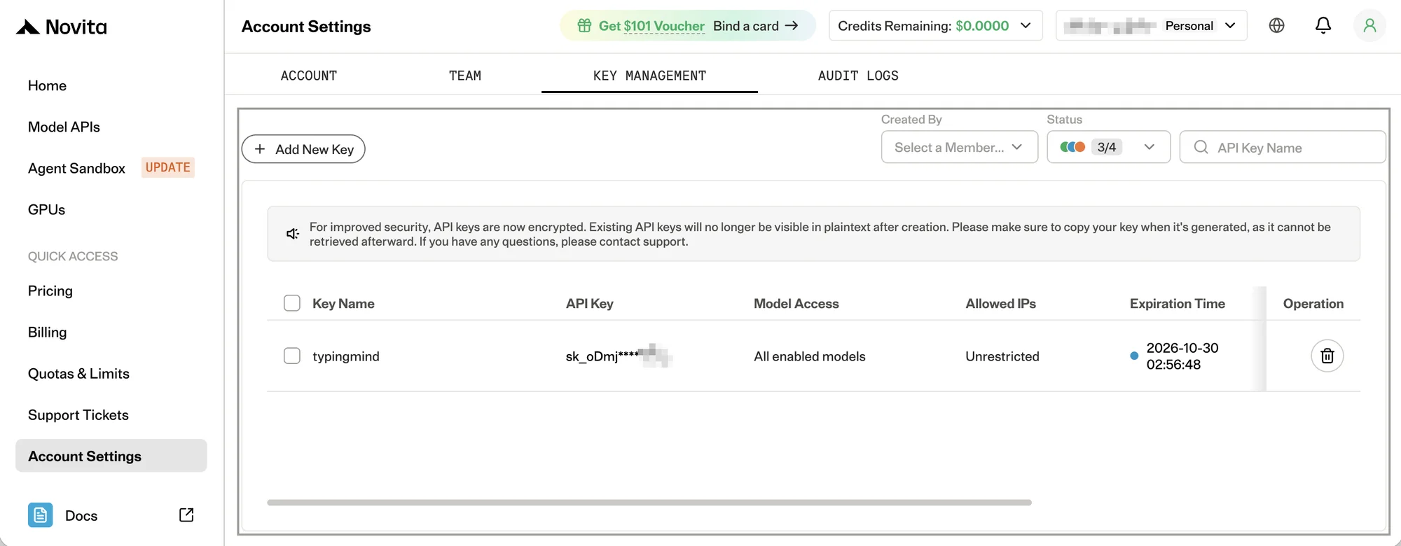 Novita AI API keys page