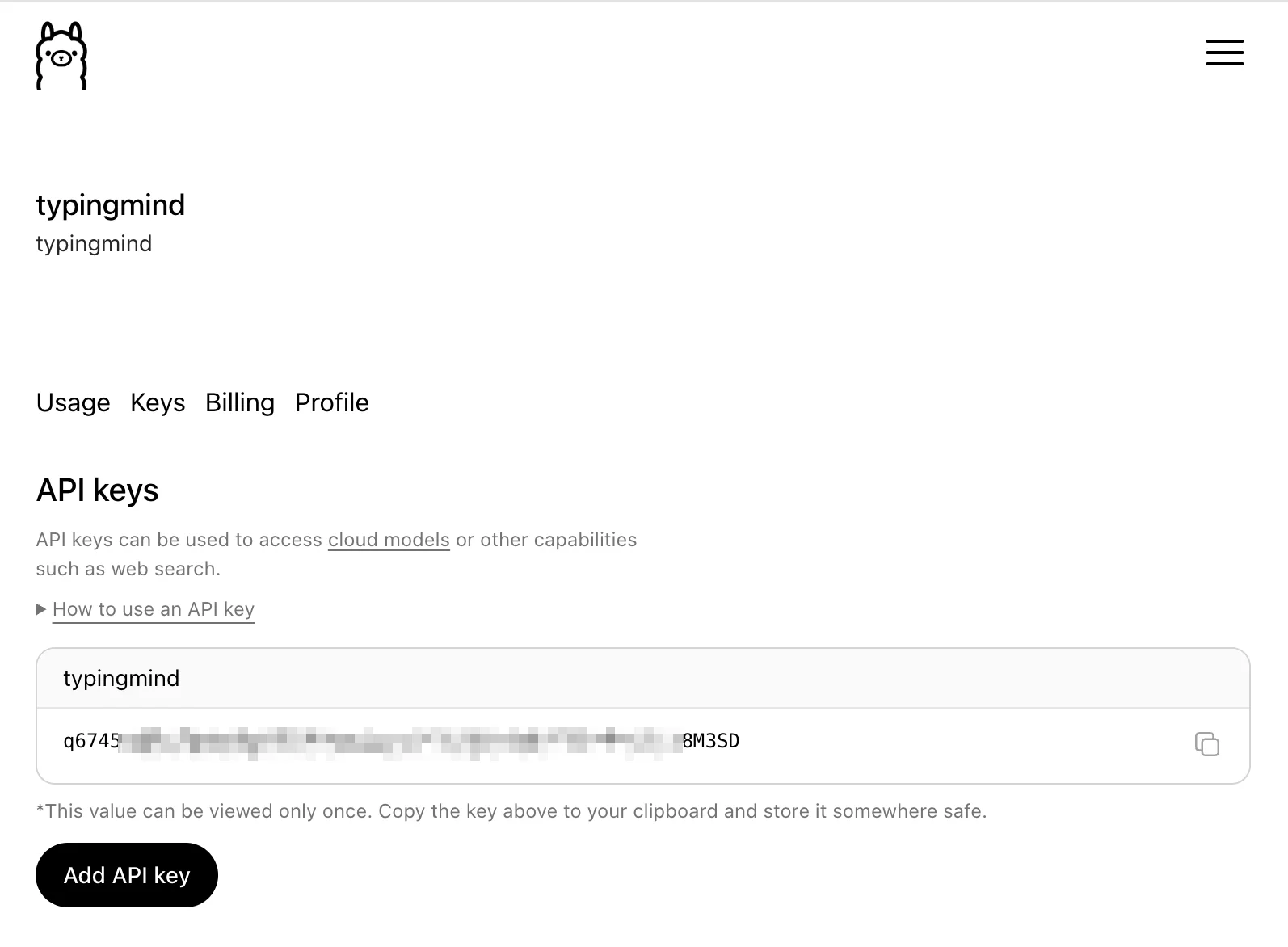 Ollama Cloud API keys page