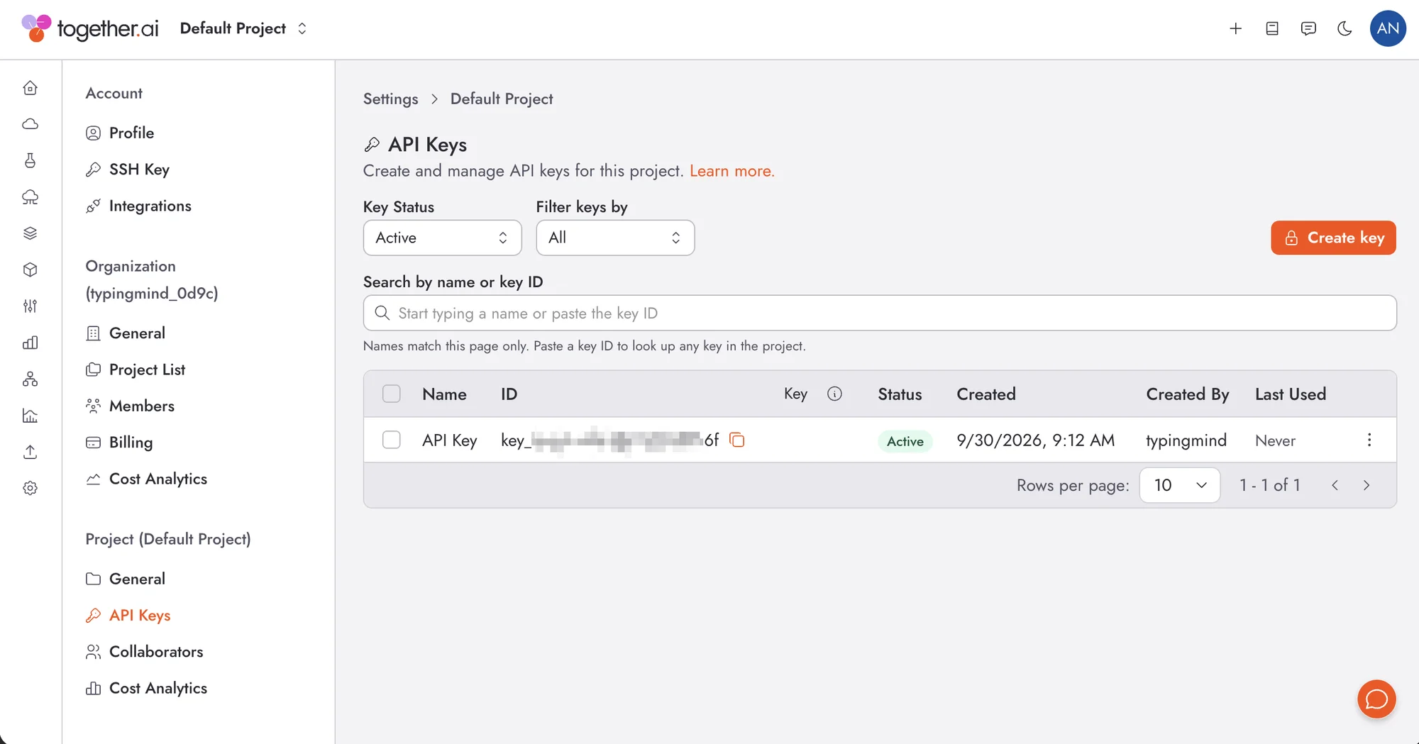 Together AI API keys page