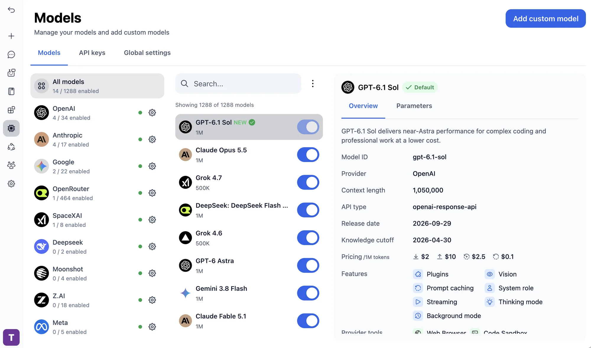 Built-in providers with settings buttons on the TypingMind Models page
