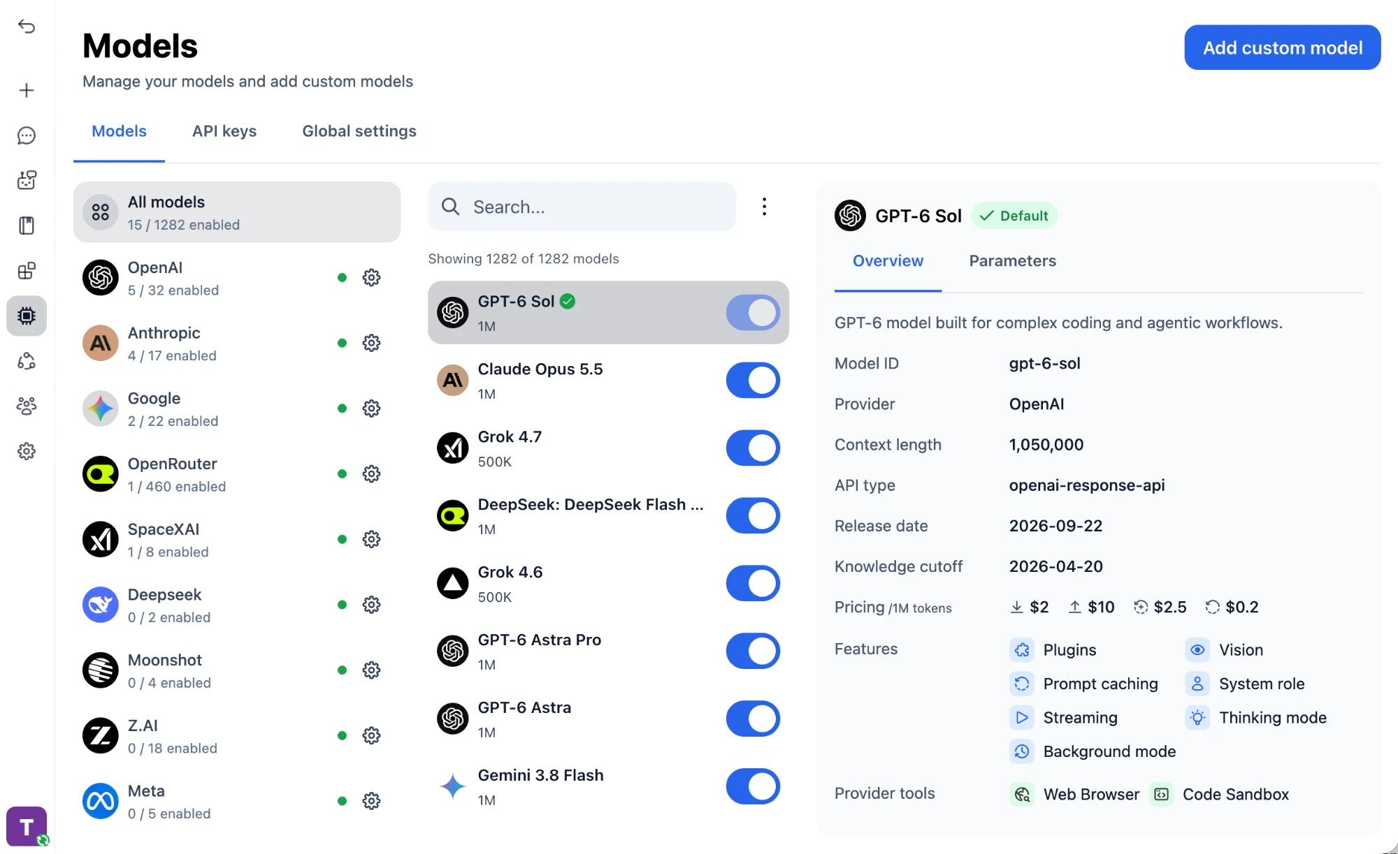 TypingMind Models page with the Add custom model button