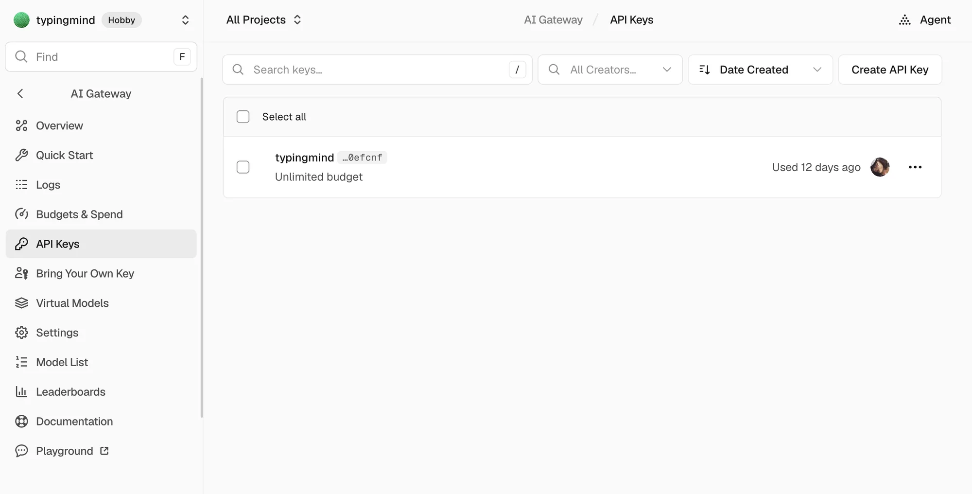 Vercel AI Gateway API keys page