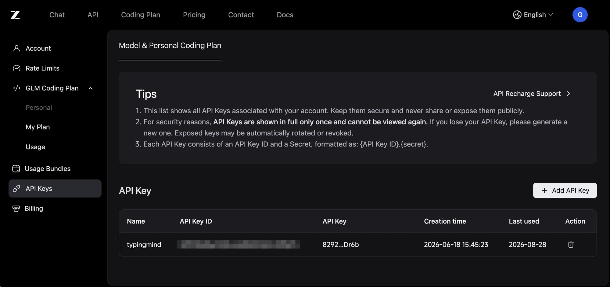 Z.AI API keys page