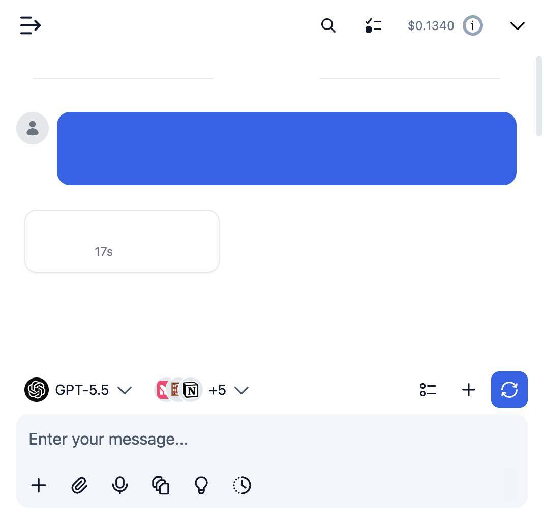 TypingMind chat using enabled MCP tools with a selected AI model