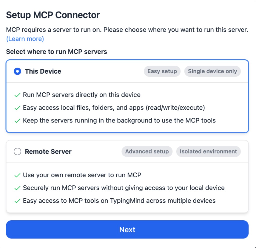TypingMind MCP connector setup screen with This Device selected