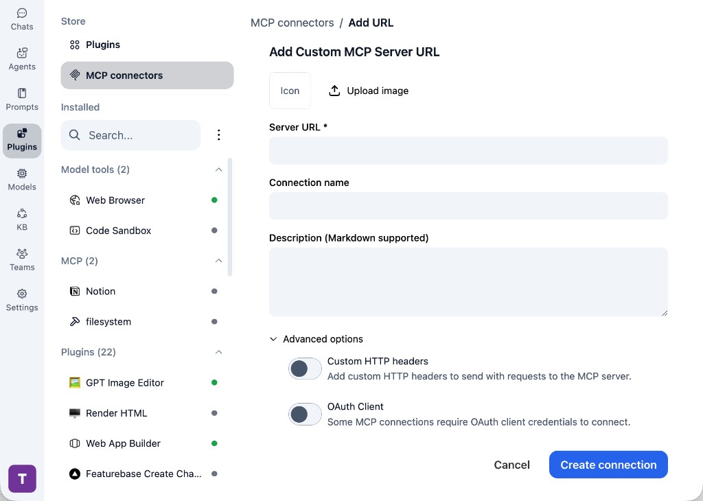 TypingMind Add Custom MCP Server URL form